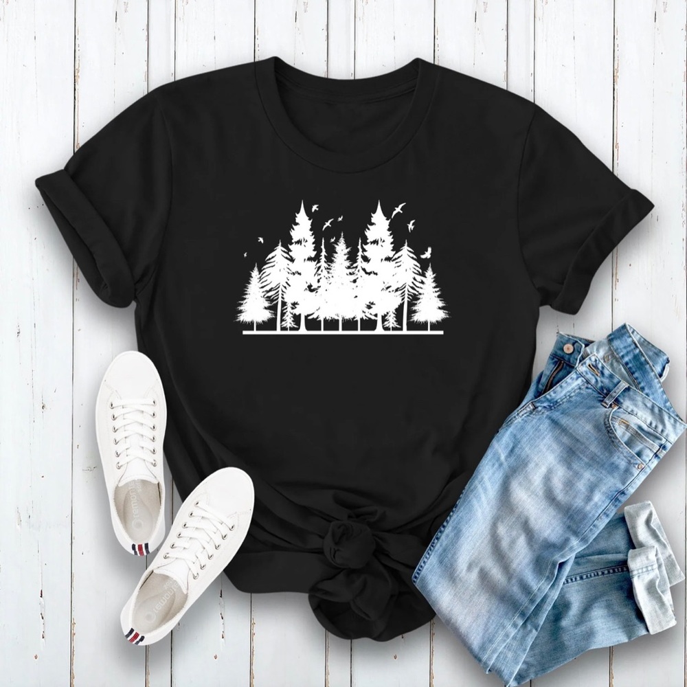Forest Project Large Black And White T Shirt, Trees and birds shirt